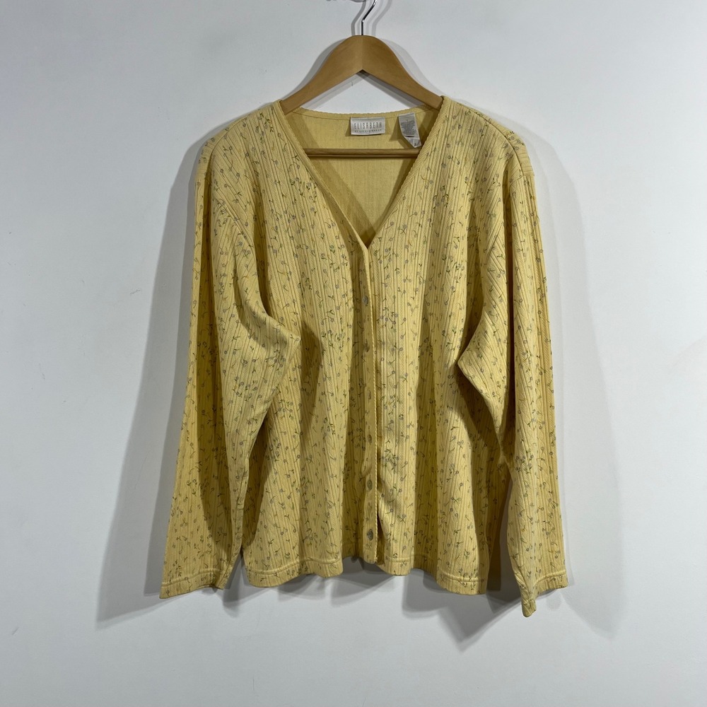 VTG 90s Liz Claiborne Yellow Floral Ribbed Cottagecore Cardigan Sweater Size 1x